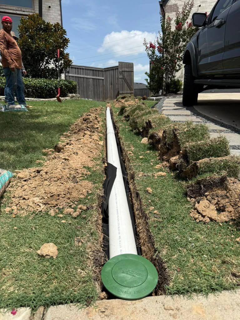 Drain line and pop-up emitter installed in the front yard of a Katy, TX home